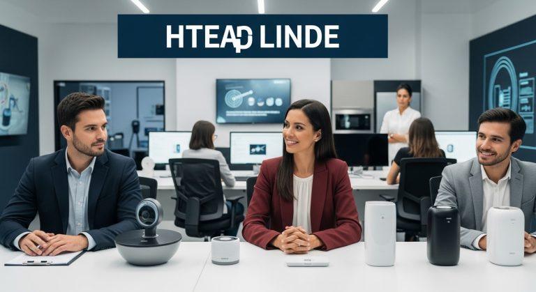 Brazilian living room featuring smart appliances and security-themed icons.