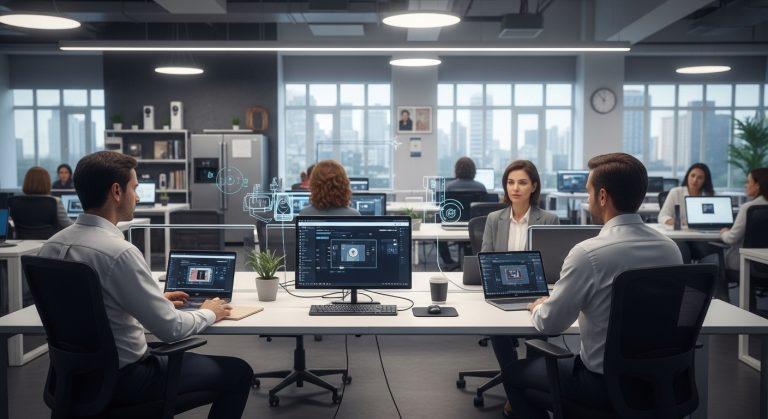 Brazilian living room featuring smart appliances and security-themed icons.