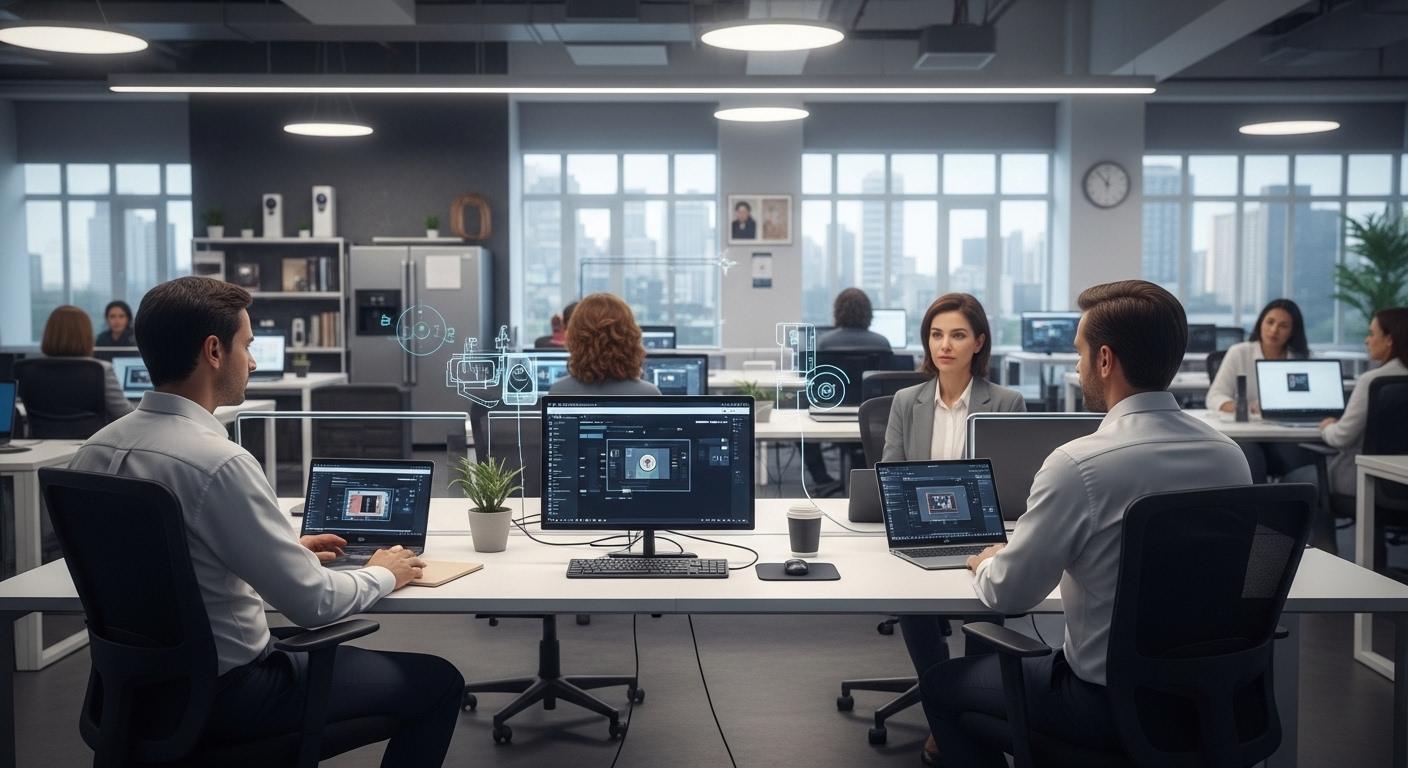 Brazilian living room featuring smart appliances and security-themed icons.