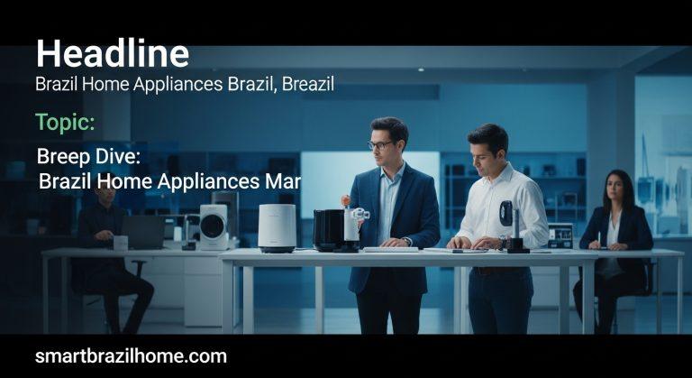 Smart home appliances in a modern Brazilian living room with energy efficiency highlights.