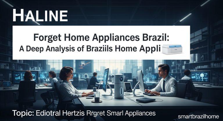 Editorial illustration showing a Brazilian home kitchen with smart, energy-efficient appliances and a connected energy m