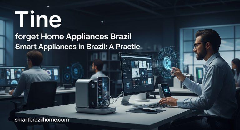 Interior of a modern Brazilian kitchen with smart appliances and natural light.