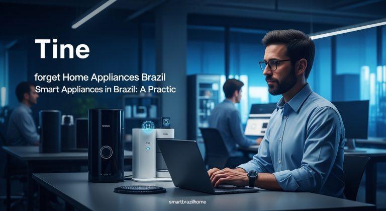 Interior of a modern Brazilian kitchen with smart appliances and natural light.