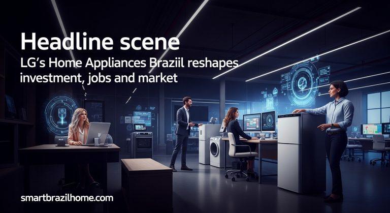 LG appliances in a Brazilian showroom with factory skyline background