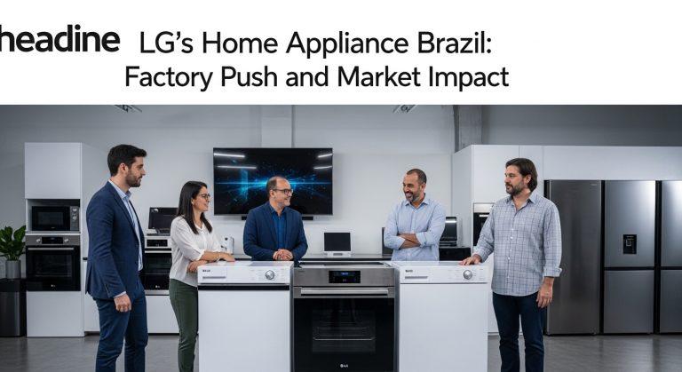 LG factory in Brazil with workers assembling refrigerators, signaling local manufacturing impact.