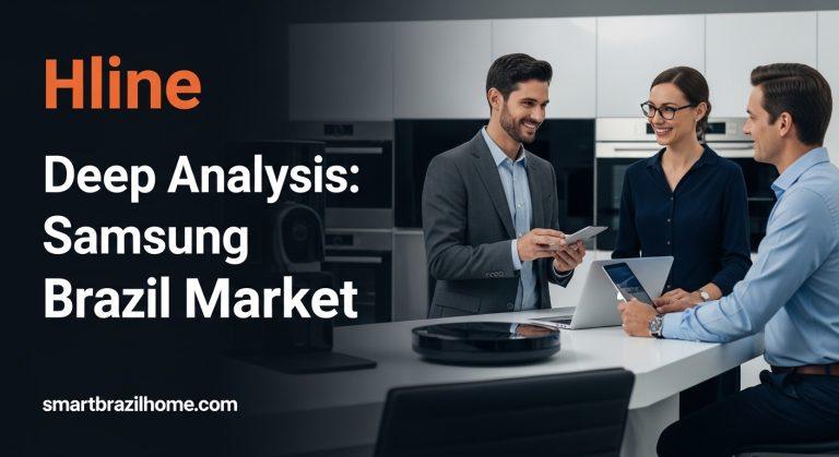 Samsung home appliances in a Brazilian kitchen with smart devices and urban backdrop.