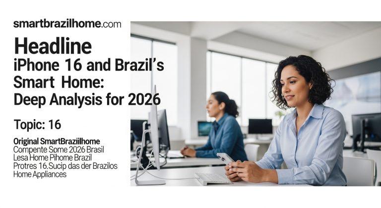 Editorial illustration depicting iPhone 16 and a connected Brazilian smart home