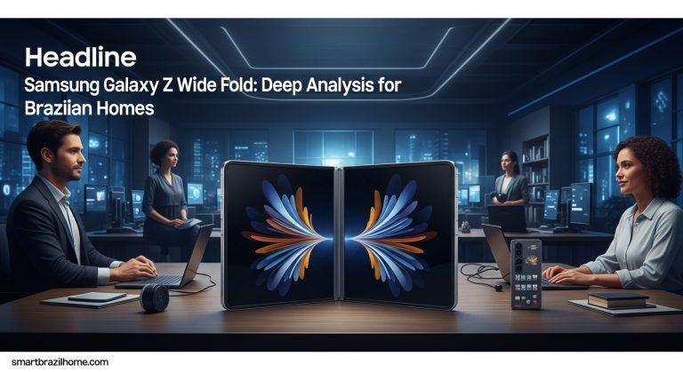 Samsung Galaxy Z Wide Fold concept with a wide inner display in a Brazilian home setting.
