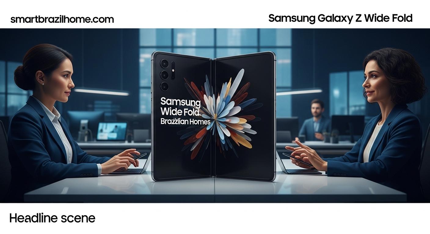 Samsung Galaxy Z Wide Fold concept with a wide inner display in a Brazilian home setting.