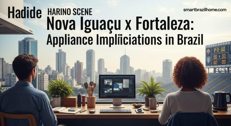 Graphic showing Nova Iguaçu and Fortaleza together with home appliances imagery and a game-score motif.