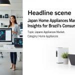 Brazilian kitchen with smart appliances and Japan market trend graphics.
