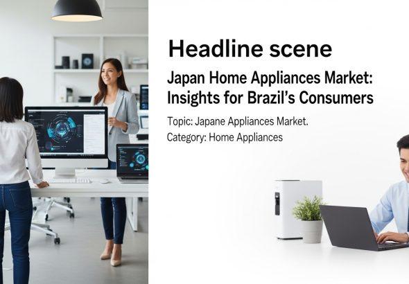 Brazilian kitchen with smart appliances and Japan market trend graphics.