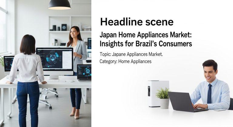 Brazilian kitchen with smart appliances and Japan market trend graphics.